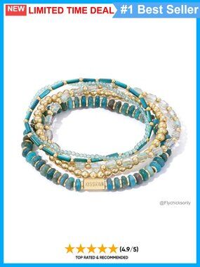 Natural Stone Beaded Stackable Bracelet Set 14K Gold Plated Elastic 5 Piece